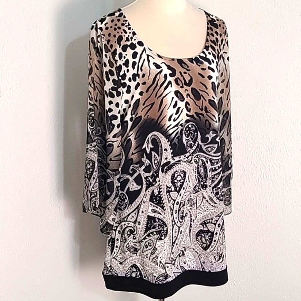 Style & Co. Tan, Black, White Animal Print & Paisley Tunic, Size Medium